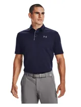 Remera polo Under Armour Tech para hombre, color azul marino con logo gris bordado en el pecho. Confeccionada en tejido UA Tech™ de secado rápido y corte holgado.
