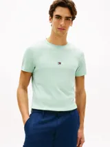 Remera de corte clásico, confeccionada en puro algodón de color verde menta, con cuello redondo y mangas cortas. Cuenta con el logotipo de Tommy Hilfiger bordado en el pecho junto con el texto "Est. 1985".