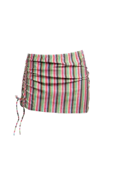Minifalda de playa rayada con cintura elastizada y cordones laterales ajustables.