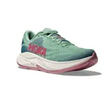 Championes de running Hoka Rincon 4 para mujer, color verde menta con detalles en azul oscuro y logo HOKA en rosa vibrante. Presentan una suela gruesa de espuma blanca con detalles en rosa en la parte inferior.