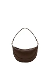 Bolso de hombro pequeño con diseño ovalado y textura granulada. Cuenta con cierre de cremallera superior, asa corta fija y herrajes metálicos en tono dorado.