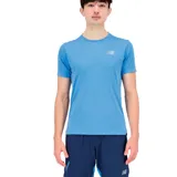 Remera deportiva azul de manga corta, con logo de New Balance estampado en el pecho y tecnología NB ICEx de secado rápido.