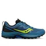 Championes de trail running Saucony Excursion TR16, color azul con detalles en amarillo y negro.