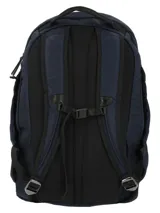 Mochila de poliéster reciclado azul navy RKF, impermeable, con múltiples compartimentos, bolsillos con cierre, espacio acolchado para laptop, espalda ergonómica y detalles en cuero sintético con el logo de la marca.