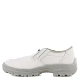Zapato de seguridad tipo slip-on color blanco, con diseño ergonómico, suela antideslizante y forro interior con patrón de cuadros.