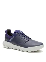 Sneaker Caterpillar modelo Hex Lite, color azul, confeccionada en cuero con detalles textiles. Presenta suela de EVA blanca con diseño hexagonal, cierre mediante cordones y logo de la marca en el lateral.