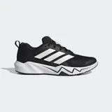 Championes de entrenamiento Adidas Rapidmove Go, color negro con las tres tiras laterales en blanco y suela con tecnología Lightmotion. Presentan un diseño ligero y flexible con exterior textil, ideales para actividades de alta intensidad.