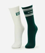 Kit de dos pares de medias deportivas de caña alta marca Wilson. Un par es de color blanco con logo negro y el otro es de color marrón con rayas horizontales celestes y blancas y logo bordado. Cuentan con tejido acanalado en la caña para un mejor ajuste.