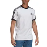 Remera blanca de algodón con cuello redondo y mangas cortas con ribete negro. Presenta las tres tiras características de Adidas en negro a lo largo de los hombros y el logo de Adidas bordado en el pecho.