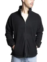Campera de polar negra con cierre frontal completo, cuello alto, bolsillos laterales, puños elastizados y ajuste en la cintura.
