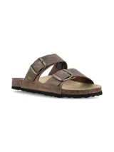 Sandalias de cuero color marrón con dos tiras ajustables con hebillas metálicas, plantilla anatómica de corcho y suela de goma negra.