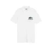 Chomba blanca de piqué de algodón con cuello clásico y tapeta de dos botones. Presenta logo de Lacoste y cocodrilo pixelado de Minecraft bordados en el pecho.