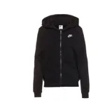 Campera Nike de mujer, color negro, con cierre frontal completo, capucha con cordón ajustable, bolsillos laterales y logo bordado en blanco en el pecho.
