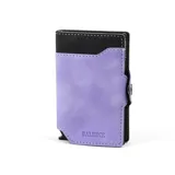 Billetera tarjetero automática con estructura de aluminio y revestimiento de cuero bicolor en tonos verde oliva y beige. Cuenta con un cierre de broche a presión y el logo de la marca grabado en la parte inferior.