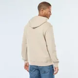 Buzo con capucha color beige, de corte clásico y con bolsillo tipo canguro.