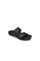 Sandalias tipo slide Vionic modelo Samoa, color negro, con doble tira superior decorada con tachas metálicas. Poseen plantilla ergonómica con tecnología Orthaheel para soporte del arco y suela de goma antideslizante.