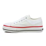 Championes Pony blancos con plataforma, detalles en rojo y negro en la suela y logo en el talón.