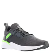 Championes deportivos Puma modelo Erupter, color gris con detalles en verde lima y suela blanca. Presentan un diseño de malla transpirable con refuerzos laterales y cierre mediante cordones.