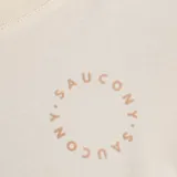 Remera Saucony de dama, modelo Recovery. Color crema con logo circular estampado en el pecho. Corte crop y cuello redondo.