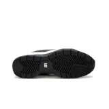 Sneaker de estilo chunky para mujer, con capellada de cuero negro y detalles en material metalizado plateado con textura. Cuenta con una suela de plataforma blanca de gran volumen y base de goma negra.