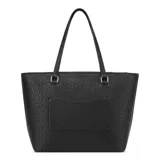 Cartera tipo tote Guess modelo Viviette, color negro con estampado monograma de la marca en relieve. Cuenta con doble asa de hombro, cierre superior y placa metálica decorativa colgante.