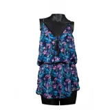 Mono corto con estampado floral en tonos azules y violetas, con breteles finos, escote en V y cintura elastizada.