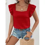 Blusa de color amarillo con textura fruncida, cuello cuadrado y mangas cortas con volados.