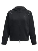 Campera deportiva con capucha Under Armour Unstoppable Fleece FZ, de color negro, con cierre frontal completo y bolsillos laterales con cierre. Confeccionada en tejido de doble punto suave y elástico.
