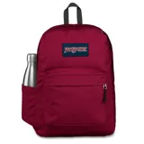 Mochila Jansport SuperBreak Plus color borgoña, con logo rectangular en azul marino y blanco. Cuenta con un compartimento principal, un bolsillo frontal con organizador, funda interna para laptop de 15", bolsillo lateral para botella de agua, tirantes acolchados y panel trasero acolchado.