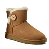 Botas cortas UGG color marrón claro, de gamuza con interior de piel de oveja. Presentan un botón de madera con el logo de la marca en el lateral.