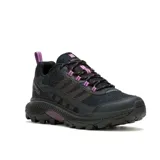 Championes de senderismo Merrell modelo Speed Strike 2 Waterproof, color negro con detalles en violeta. Diseño técnico con membrana impermeable, parte superior de malla y cuero sintético, y suela de goma con tracción de alta resistencia.