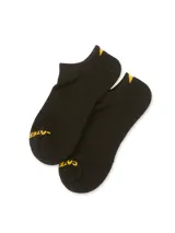 Medias cortas negras Caterpillar, con logo y detalles en amarillo en la puntera y el talón. Cuenta con suela acolchonada y arco ribeteado.