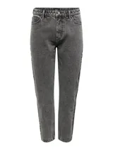 Pantalón de jean mom fit tiro alto, color gris con efecto acid wash, corte relajado, bolsillos traseros clásicos y trabillas para cinturón.