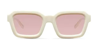 Lentes de sol cuadrados con armazón blanco y lentes rosados polarizados con protección UV400.