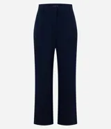 Pantalón femenino negro de punto roma, modelo recto con pliegues y sin estampado.