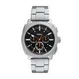 Reloj cronógrafo Fossil Machine con caja de 42 mm y malla de acero inoxidable plateado. Presenta una esfera negra con detalles en naranja, manecillas luminiscentes y movimiento de cuarzo.