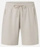 Bermuda deportiva color beige, con cintura elástica, cordón de ajuste, bolsillos con cierre y estampa lateral de lettering.