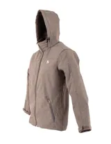 Campera marrón de neopreno con capucha, cierre frontal y bolsillos laterales con cierre.