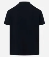 Remera azul marino de algodón, con cuello redondo y mangas cortas.