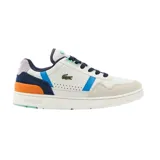 Zapatillas urbanas Lacoste modelo T-Clip, color blanco con detalles en azul, naranja y gris. Presentan el logo de la marca en el lateral y cordones azul marino.
