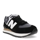 Championes urbanos New Balance modelo 574, color negro con detalles en gris y blanco, confeccionados en gamuza y malla, con logo "N" característico en los laterales y entresuela ENCAP.