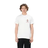 Remera blanca de manga corta con estampado pequeño en el pecho de un oso marrón sobre una tabla de surf y texto "Rip Curl California".