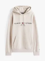 Buzo con capucha de tejido de mezcla de algodón y poliéster reciclado, color beige melange. Presenta un bolsillo canguro frontal y el logo de Tommy Hilfiger bordado en el pecho.