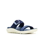 Sandalia deportiva Merrell de diseño ergonómico, con doble tira ajustable en el empeine y cierre de hebilla. Presenta una entresuela de espuma EVA en color crema y suela con relieve para mayor tracción.