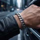 Pulsera de eslabones cubanos gruesos fabricada en acero inoxidable con acabado pulido brillante.