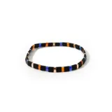 Pulsera elástica con cuentas de tila rectangulares en color negro, naranja, azul y dorado.