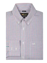 Camisa de manga larga RKF con estampado de cuadros pequeños en tonos azul, rojo y blanco. Presenta cuello button-down, bolsillo frontal en el pecho con logo bordado y cierre de botones.