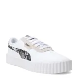 Championes Puma Cali Dream Snake para mujer, color blanco con detalles en gris y negro con estampado de piel de serpiente.