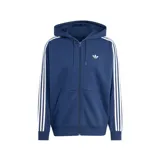 Canguro Adidas de la línea Adicolor, color azul marino con cierre frontal completo, capucha con cordones ajustables, bolsillos laterales y las icónicas tres tiras blancas en las mangas. Presenta el logo del trébol bordado en el pecho.