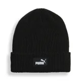Gorro tipo beanie de tejido acanalado en color negro, con vuelta y parche frontal con el logo de la marca Puma en blanco.